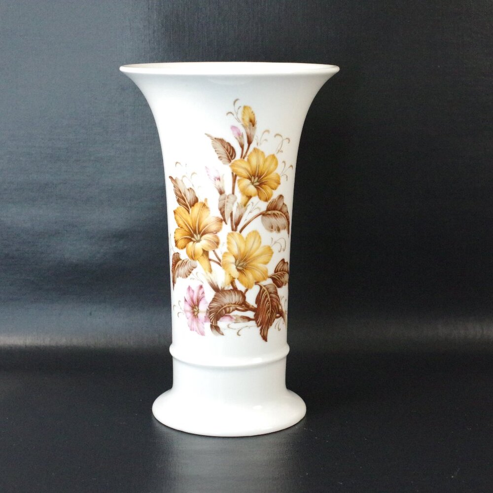 Kaiser West German Porcelain Floral Vase Brown and Pink Flowers 8" Tall